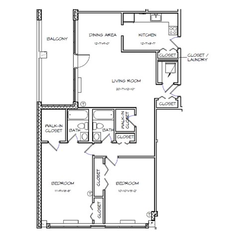 Floor plan for 2 beds, 2 baths, 1263 sqft